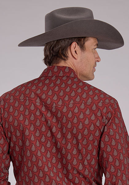 Roper Brick Red/Grey/Black Paisley Print Long Sleeve Snap Shirt