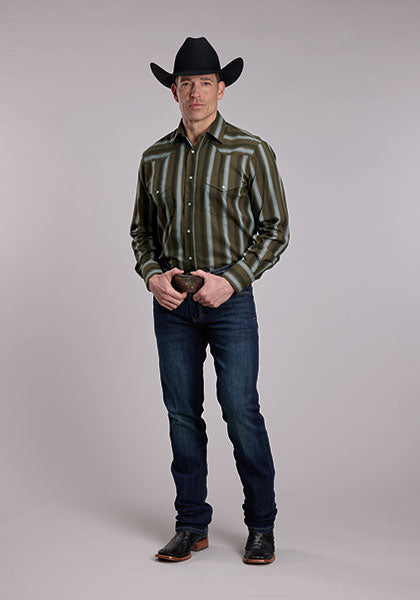 Roper Mens Olive/Black/Grey Striped Long Sleeve Snap Shirt
