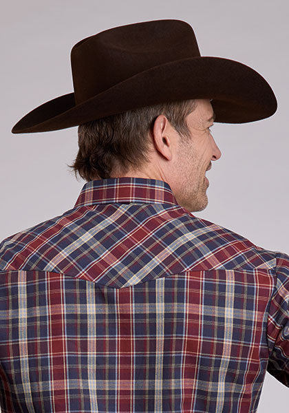 Roper Long Sleeve Snap Woven Plaid Navy/Wine/Tan