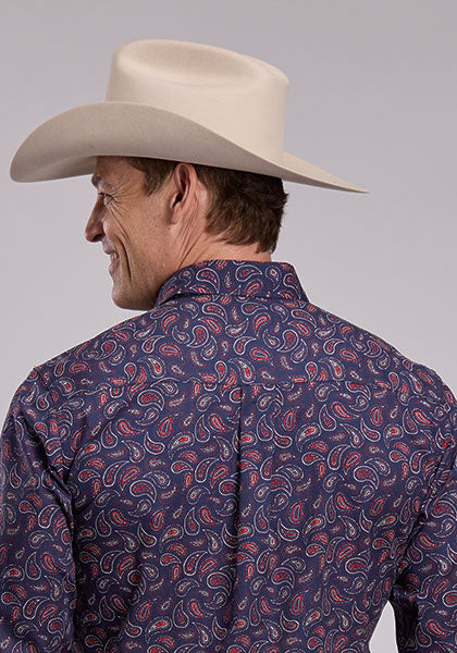 Roper West Made Long Sleeve Snap Paisley Stamps Blue