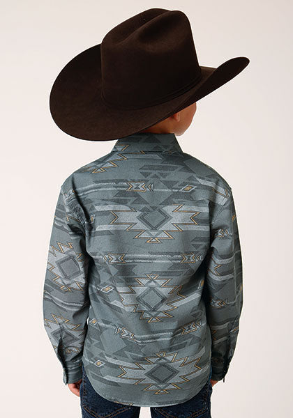 Roper Horizontal Aztec Print Grey Long Sleeve Snap
