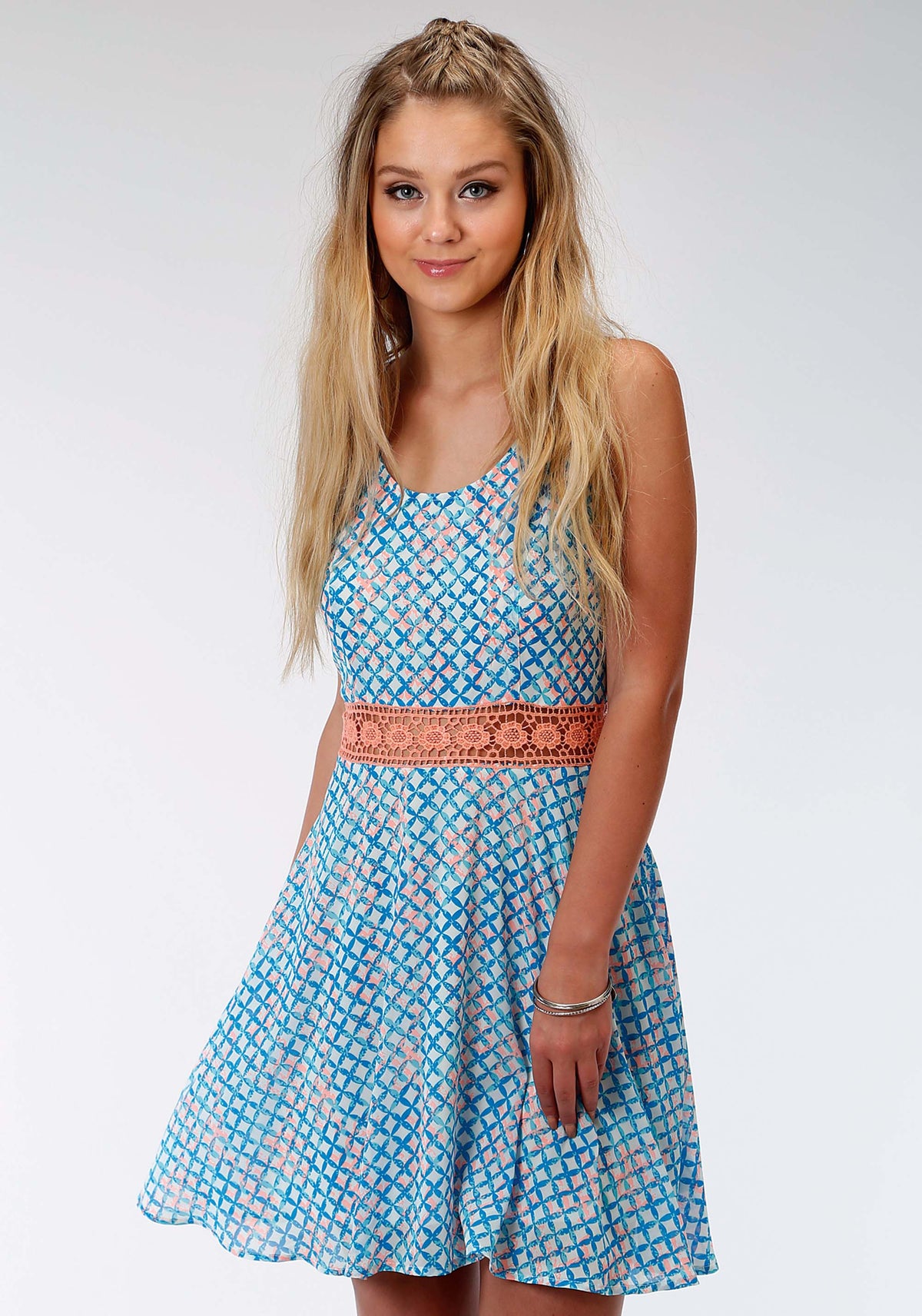 Roper Peach/Blue Lace Mid Dress