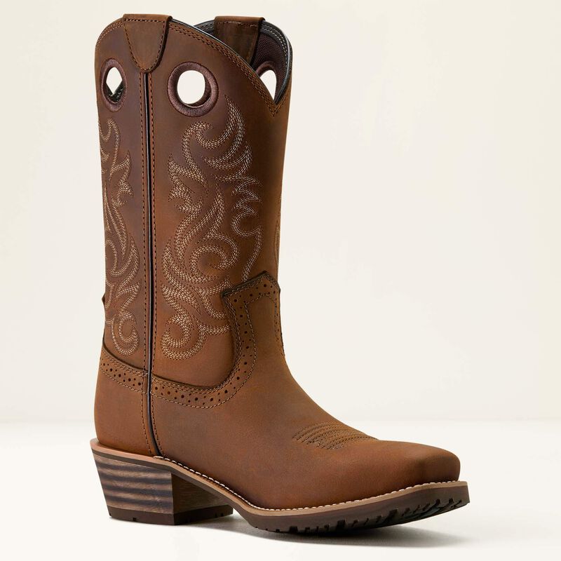 Ariat Hybrid Roughstock Square Toe Cowboy Boot Distressed Brown