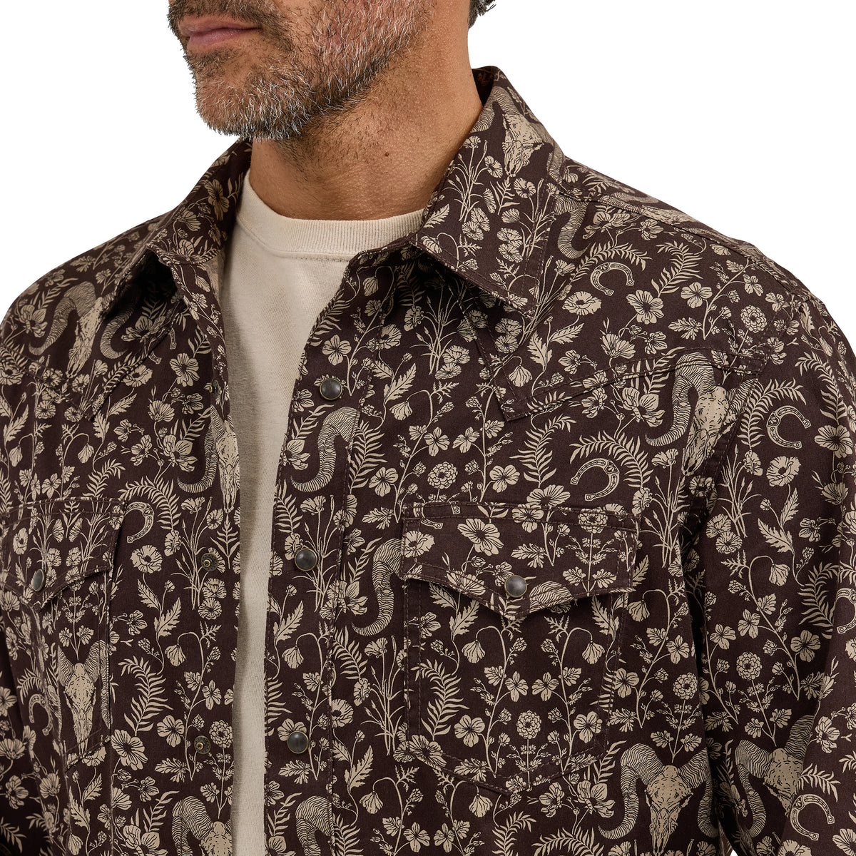 Wrangler Retro Premium Brown Western Print Long Sleeve Snap