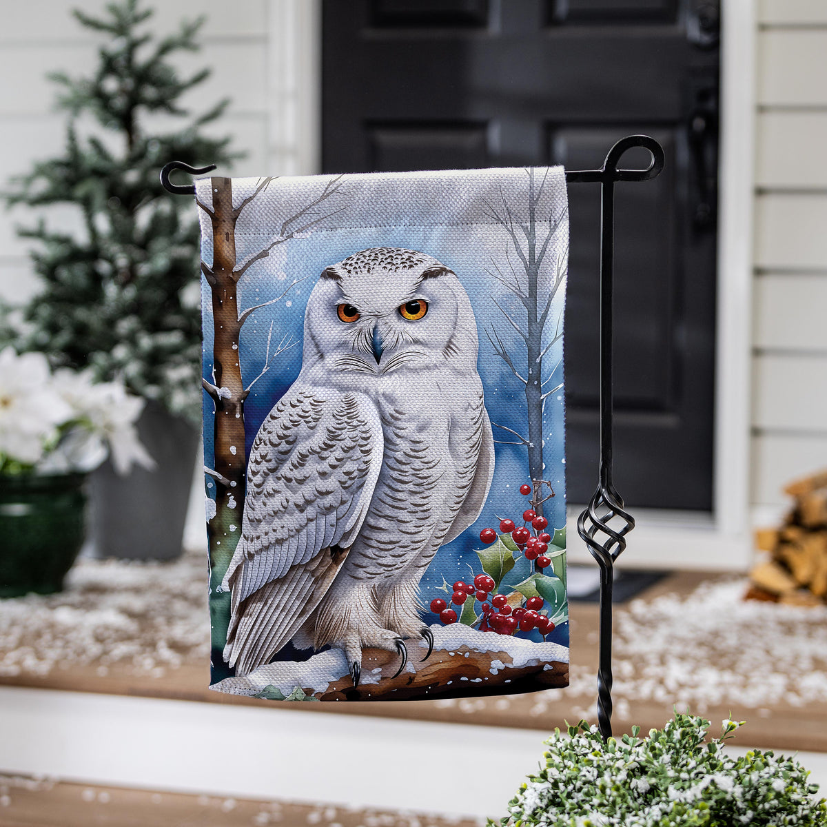 Evergreen Snow Owl Burlap Garden Flag