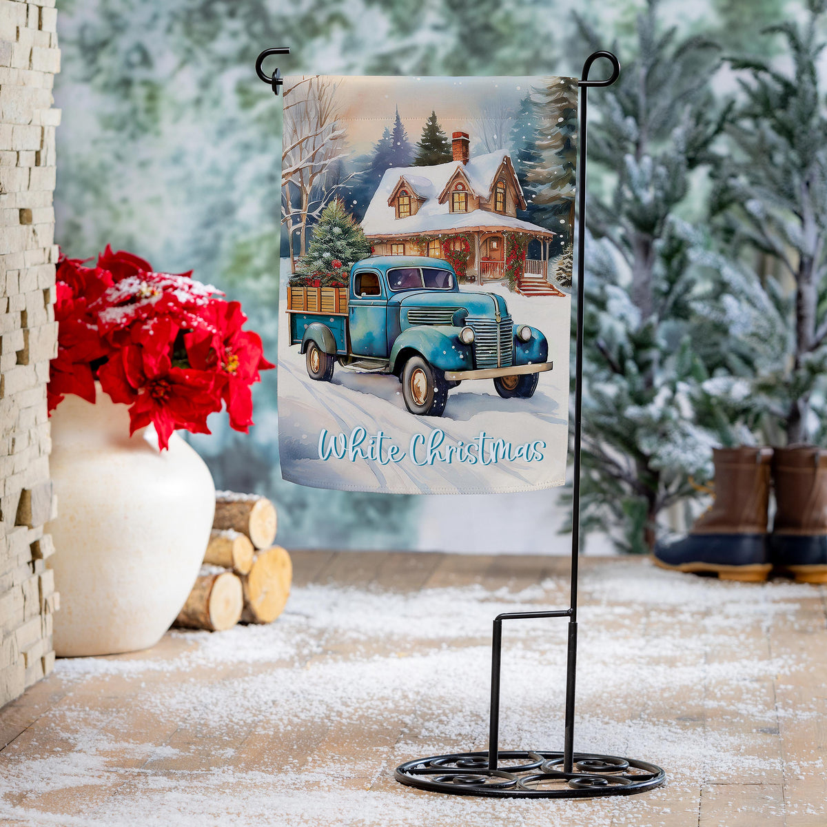 Evergreen Holiday Blue Truck Suede Garden Flag