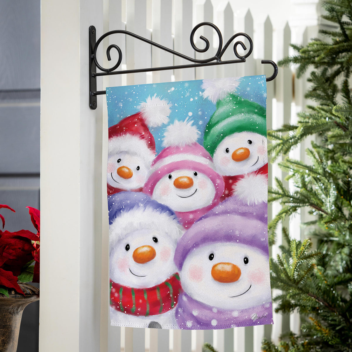 Evergreen Snowman Family Suede Garden Flag