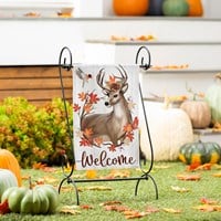 Evergreen Autumn Deer Wreath Moire Garden Flag