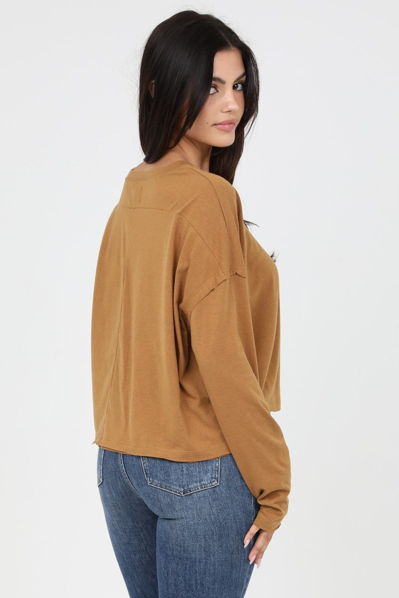 Angie Long Sleeve Knit Top W/ Raw Edges Tobacco