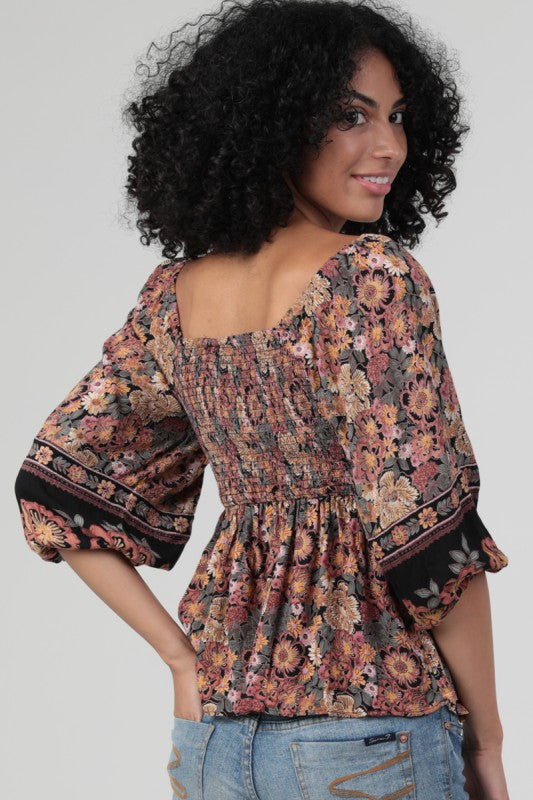 Angie V Neck Twist Front Blouse Black Multi