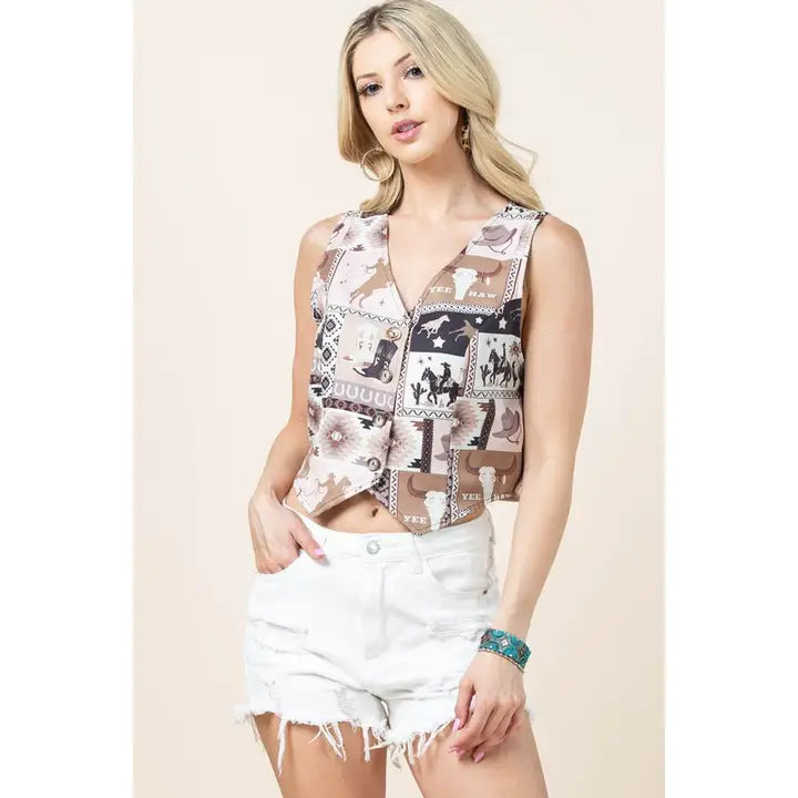 Avery Lola Western Print Button Down Woven Vest