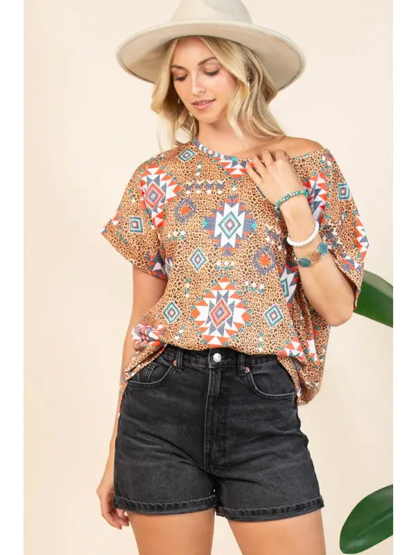 Avery Remie Leopard Print Relaxed Short Sleeve Knit Top