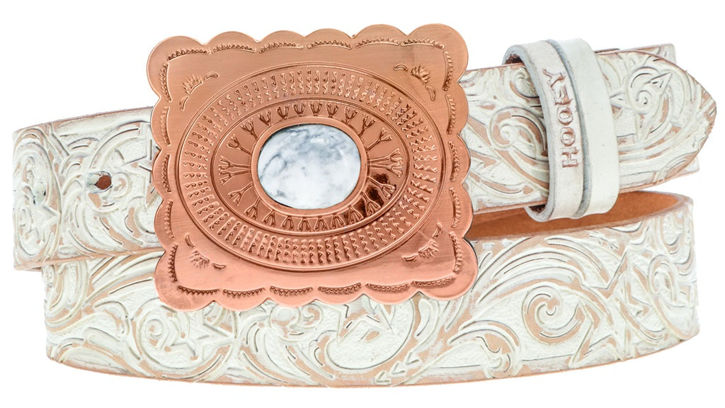 Hooey Stella Ivory/Tan Hand-Tooled Filigree Leather Belt