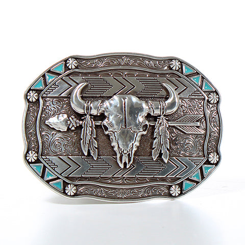 Nocona Steer Skull and Feathers Buckle