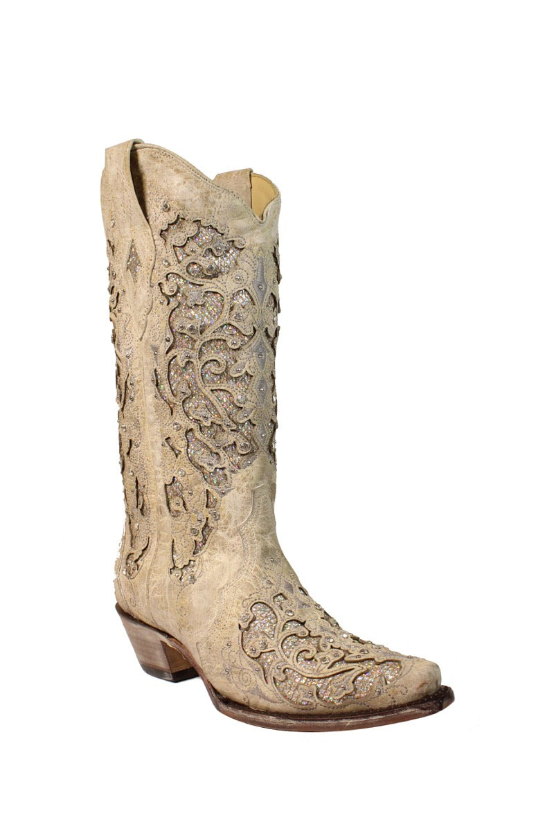 Corral White Glitter Inlay/Crystals Snip Toe