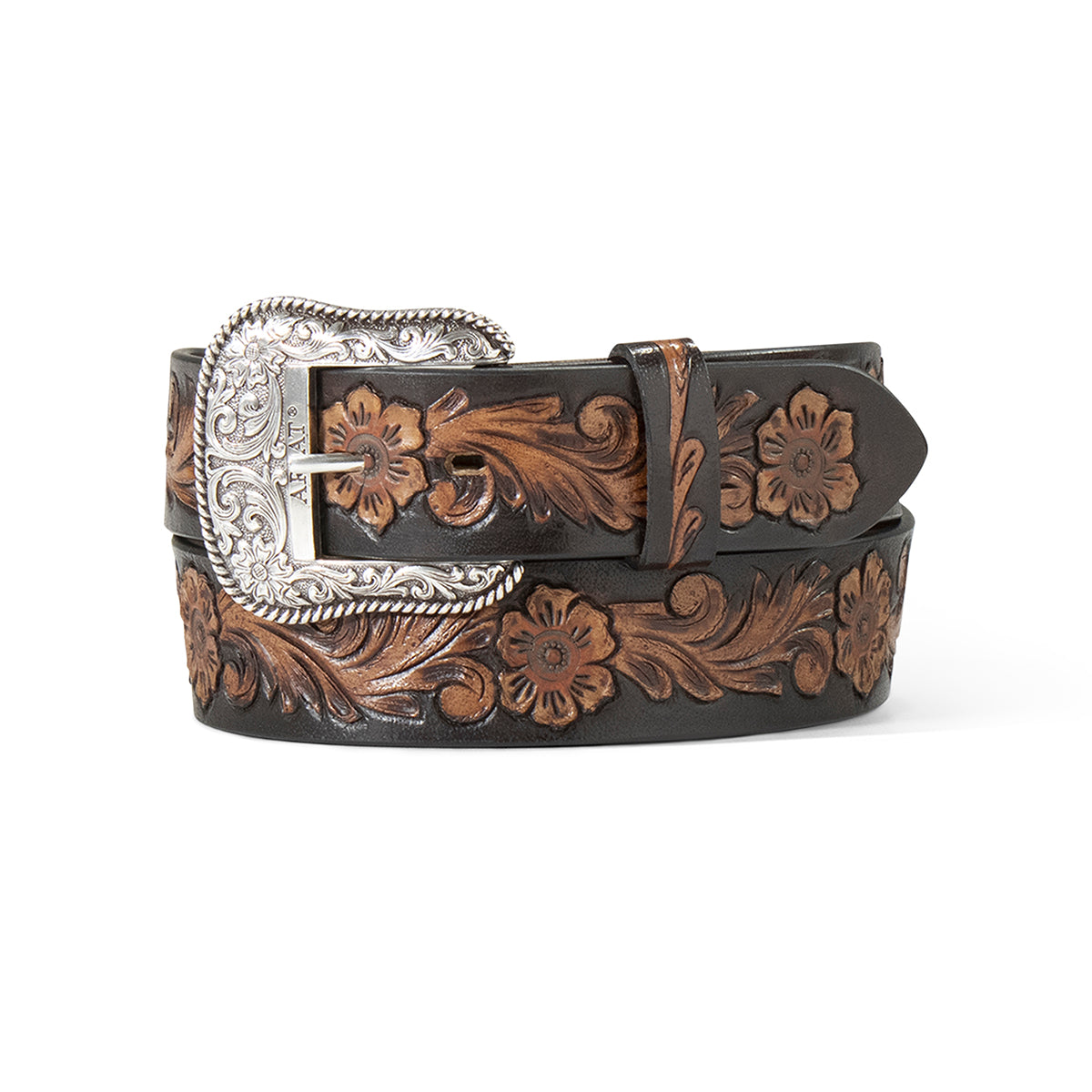 Ariat Floral Hand-Tooled Black/Brown Floral Belt