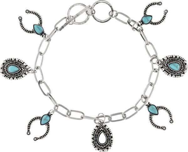 Rain Silver Blue Turquoise Gem Western Charms Toggle Bracelet