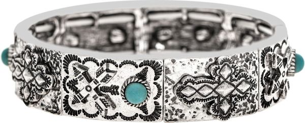 Rain Silver Oxidized Details Cross & Pattern Turq Stretch Bracelet