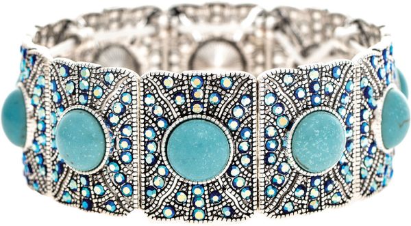 Rain Silver Turq Gem Crystal Art Deco Style Stretch Bracelet