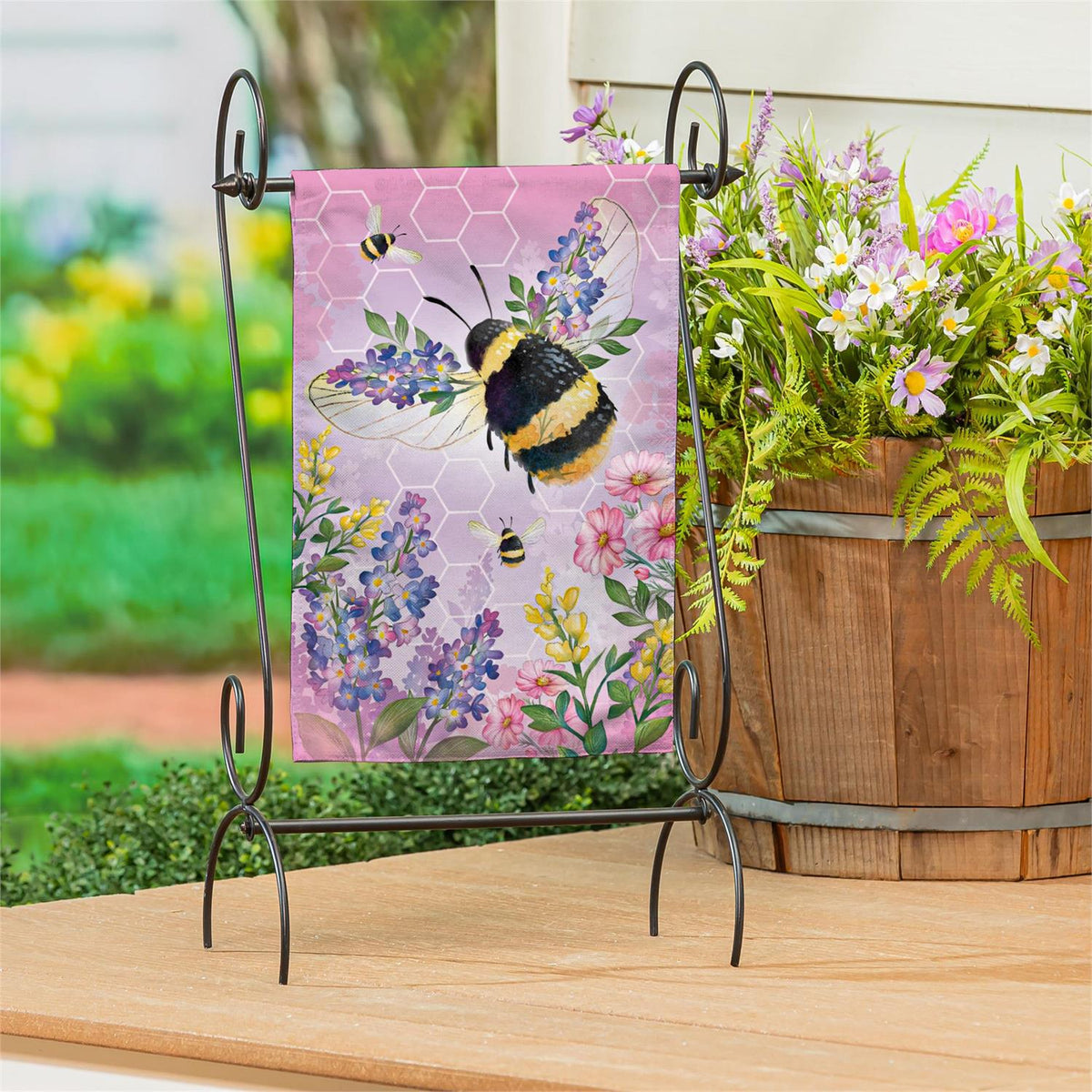 Evergreen Pollinator Garden Pink Florals Bee Burlap Garden Flag