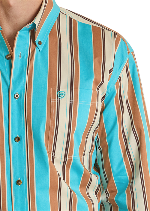 Rock & Roll Stripe Printed Long Sleeve Button Down Shirt Teal