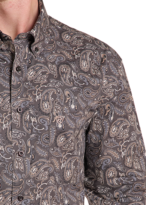 Rock & Roll Paisley Printed Long Sleeve Button Down Shirt Charcoal