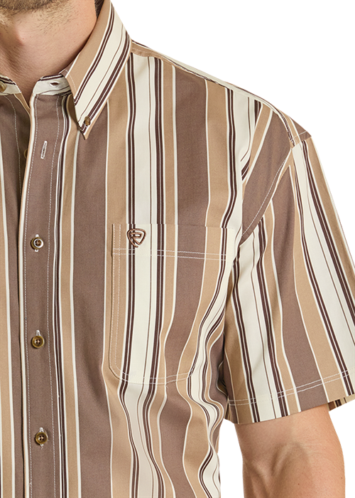 Rock & Roll Stripe Printed Short Sleeve Button Down Shirt Brown
