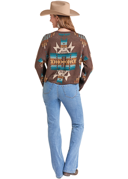 Rock & Roll Aztec Print Crewneck Sweater Java