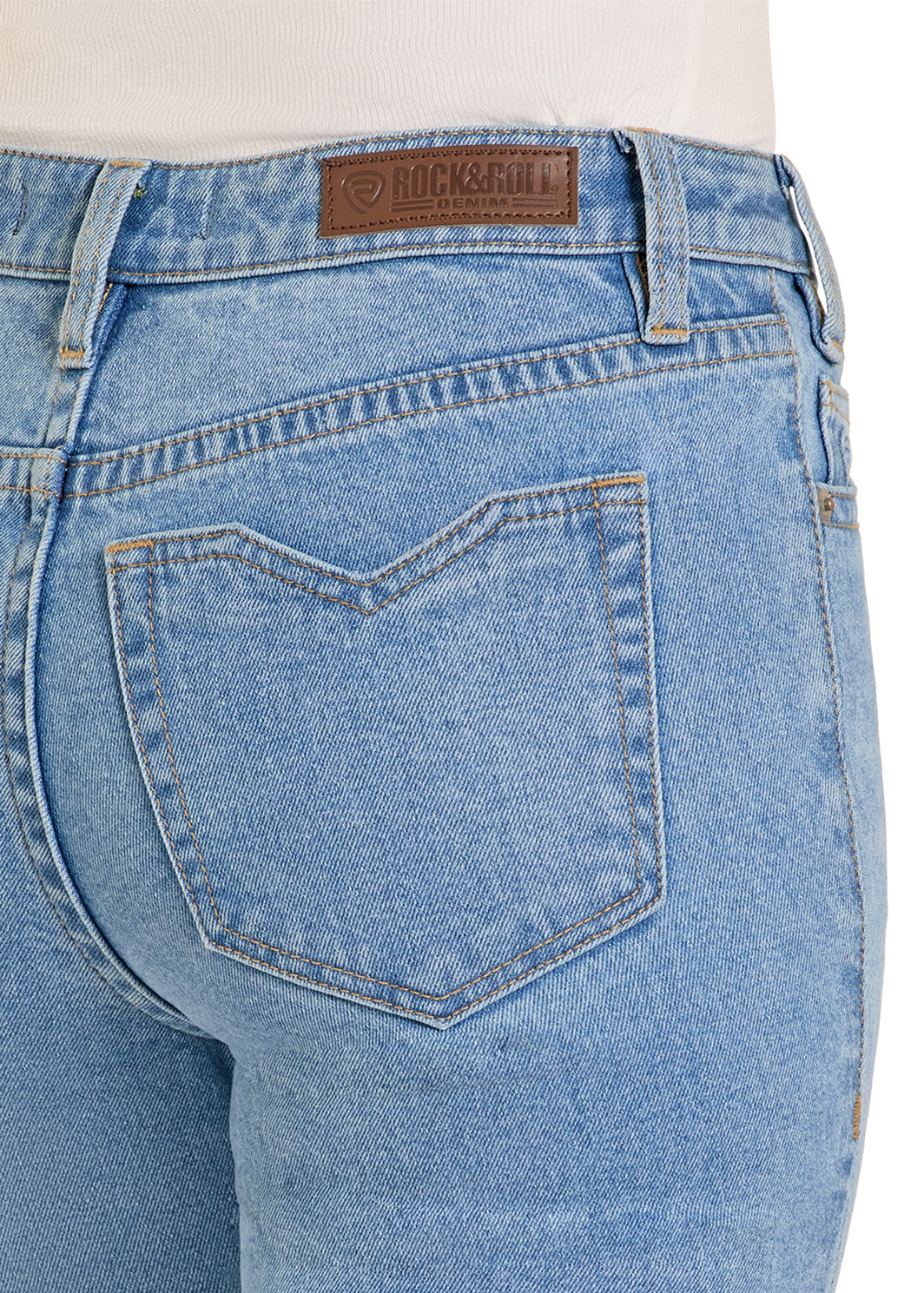 Rock & Roll Notched Pocket Mid Rise Boot Cut Light Wash