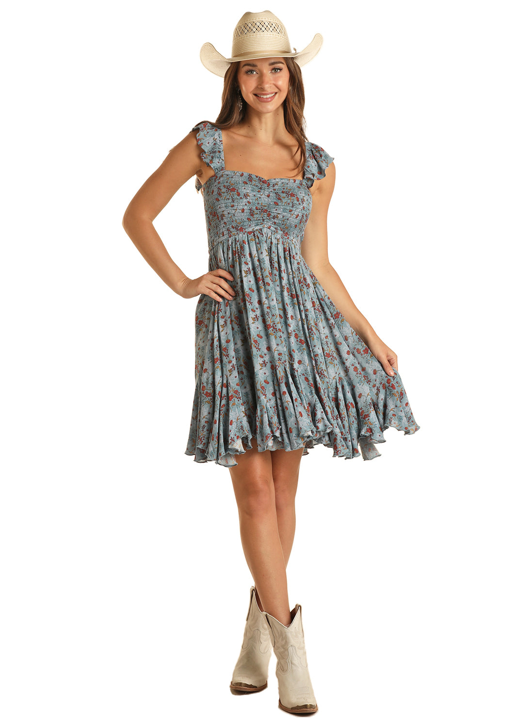 Rock & Roll Mini Floral Print Dress Blue