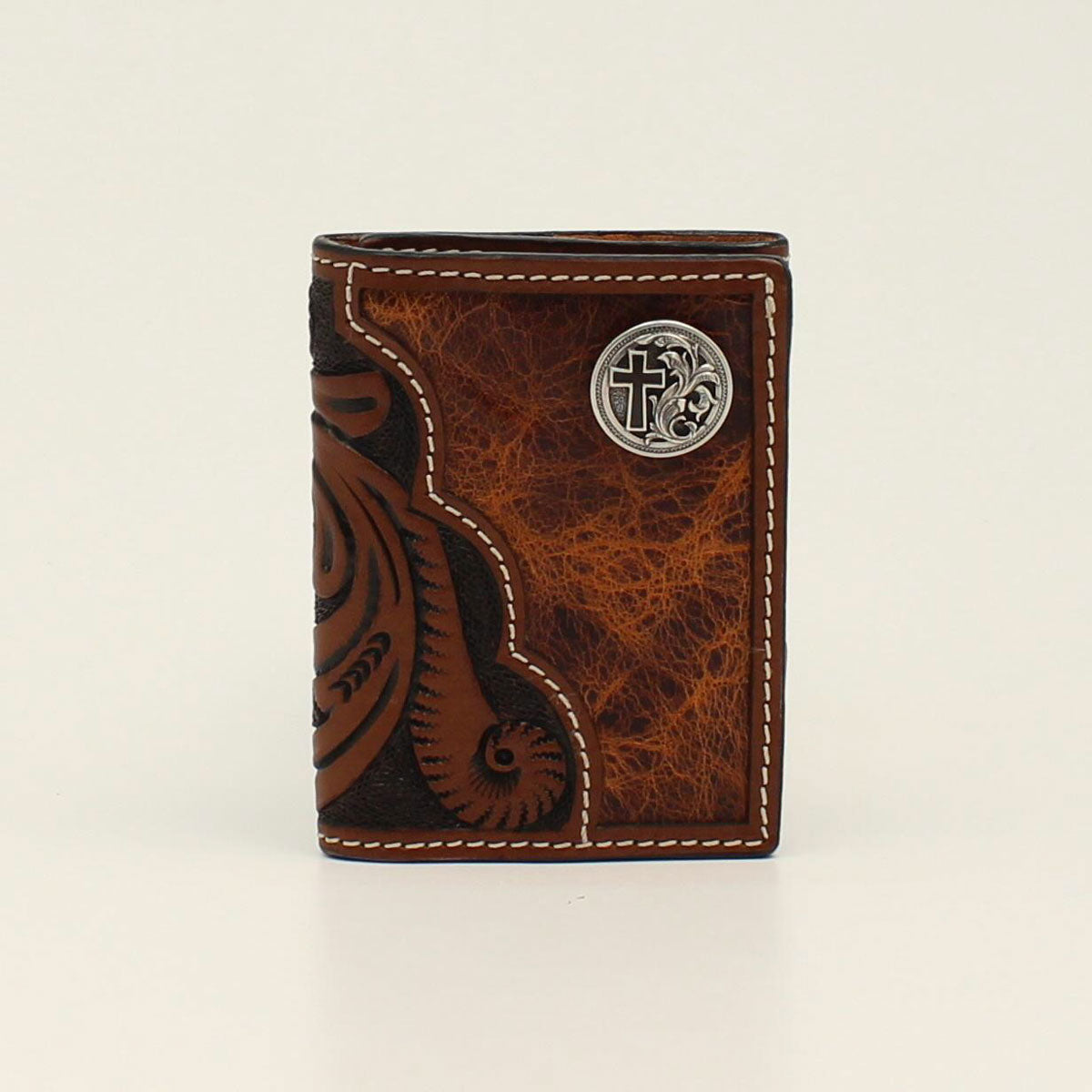 3D Trifold Wallet Floral Tooled Round Cross Concho Brown