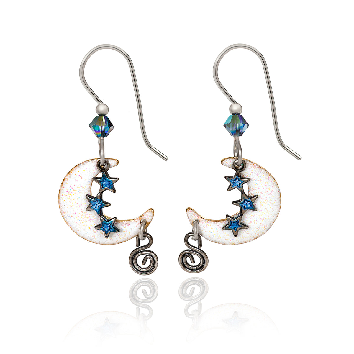 Silver Forest Earring White Blue Moon and Stars