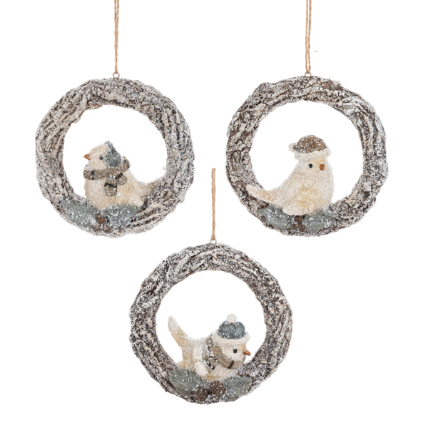 Snowy Birds on Wreath Ornaments
