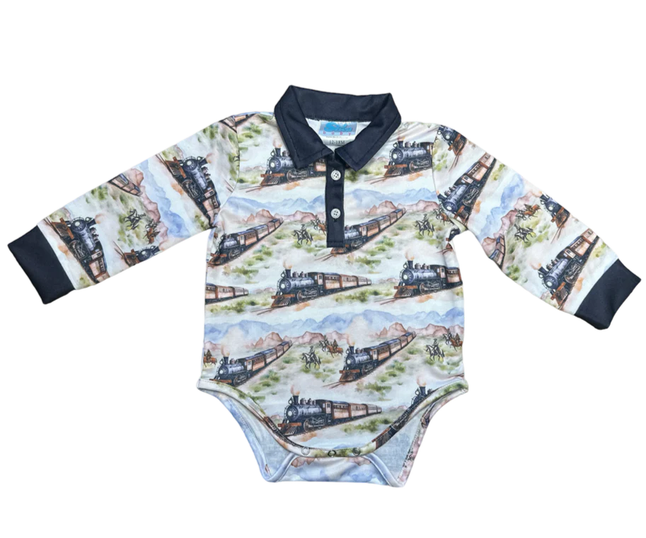Shea Baby Cowboy Train LS Polo Onesie
