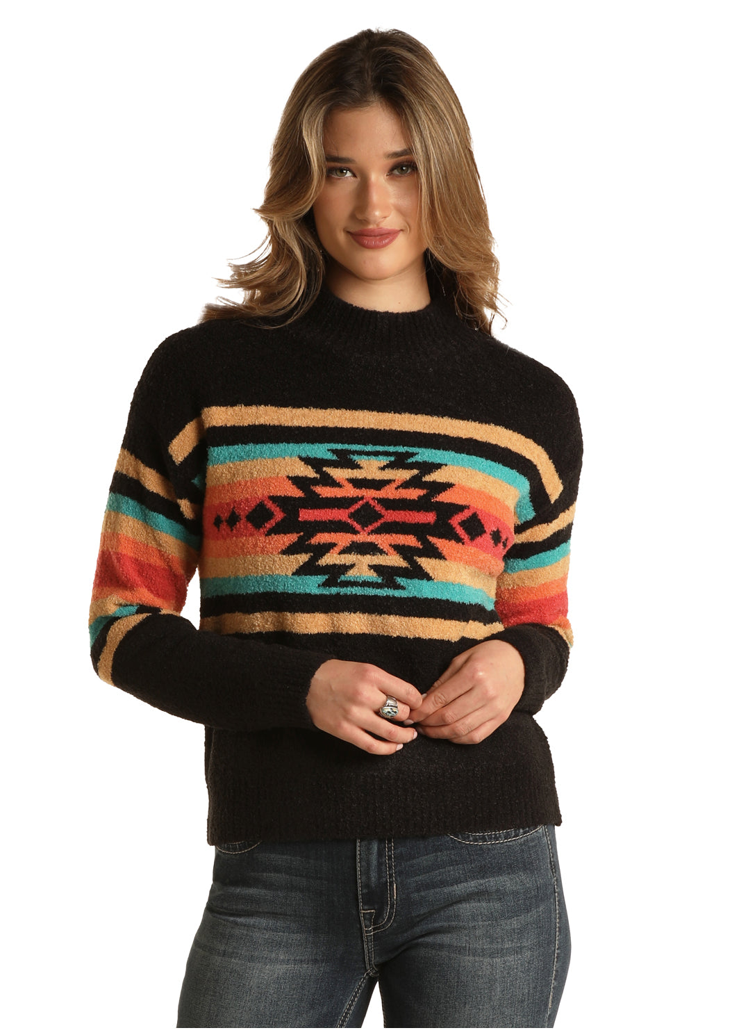 Panhandle Mock Neck Aztec Sweater Black