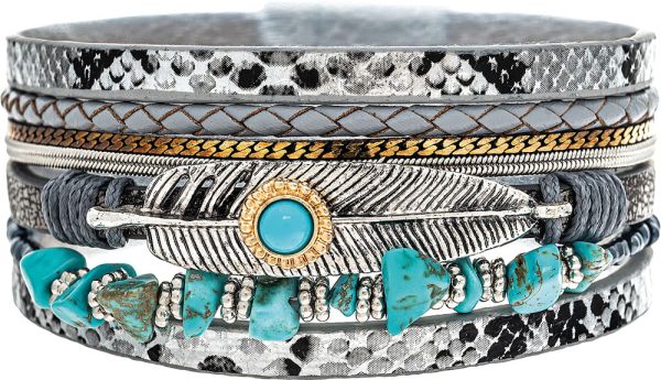 Rain Silver Grey Turquoise Bead Feather Charm Magnetic Bracelet