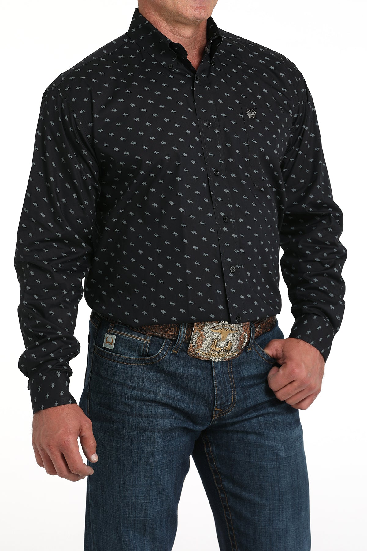 Cinch Elk Print Long Sleeve Button Down Black