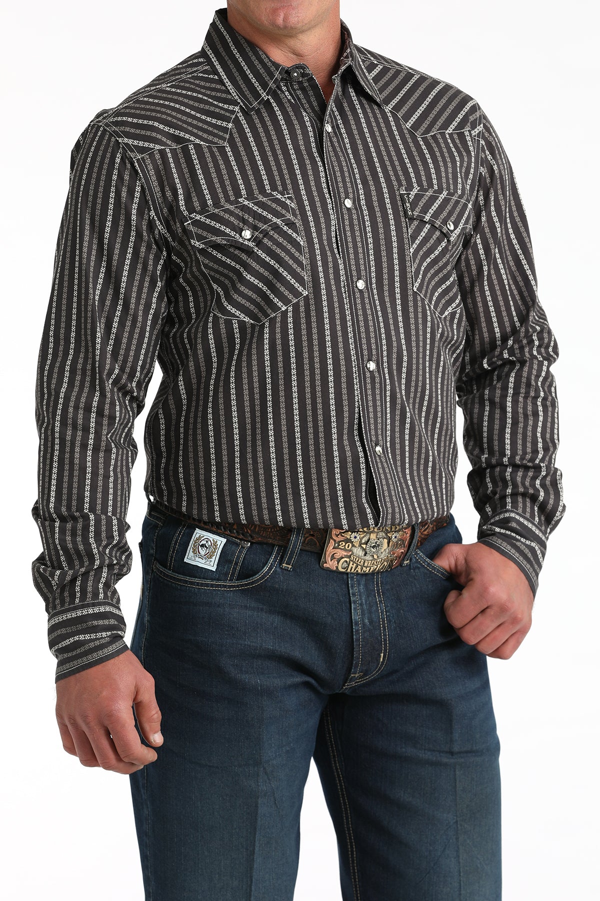 Cinch Modern Fit Black Vertical Stripe Long Sleeve Snap Shirt