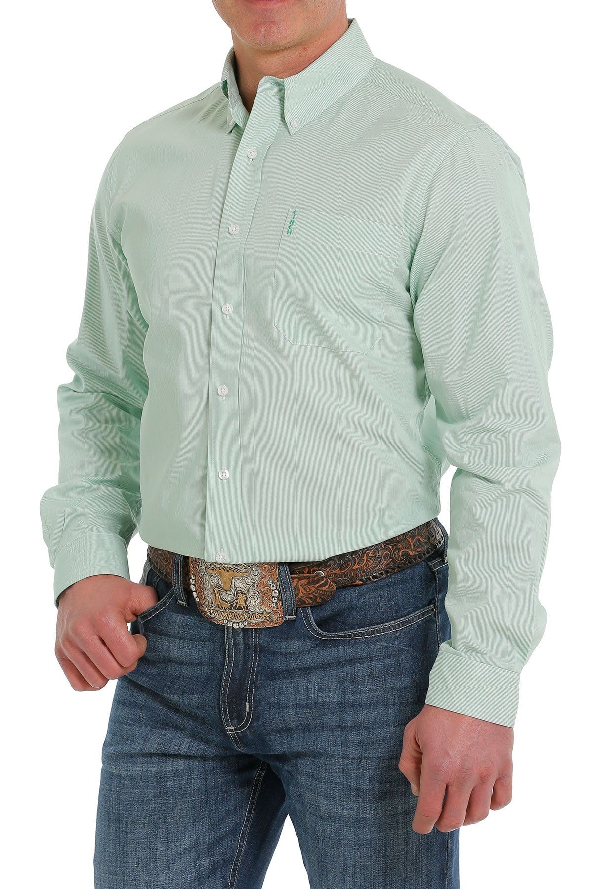 Cinch Pinstripe Green Long Sleeve Button Shirt