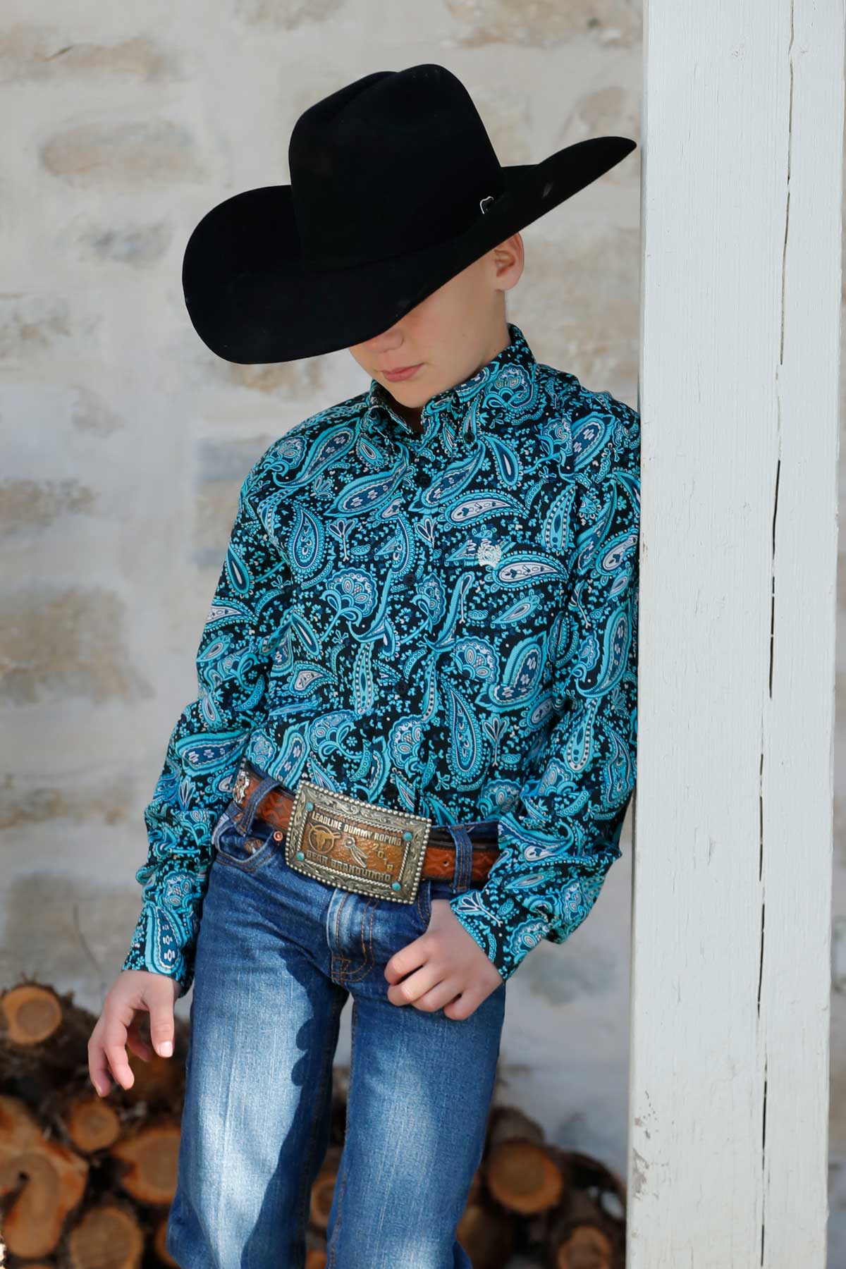 Cinch Boys Long Sleeve Turquoise Paisley Print