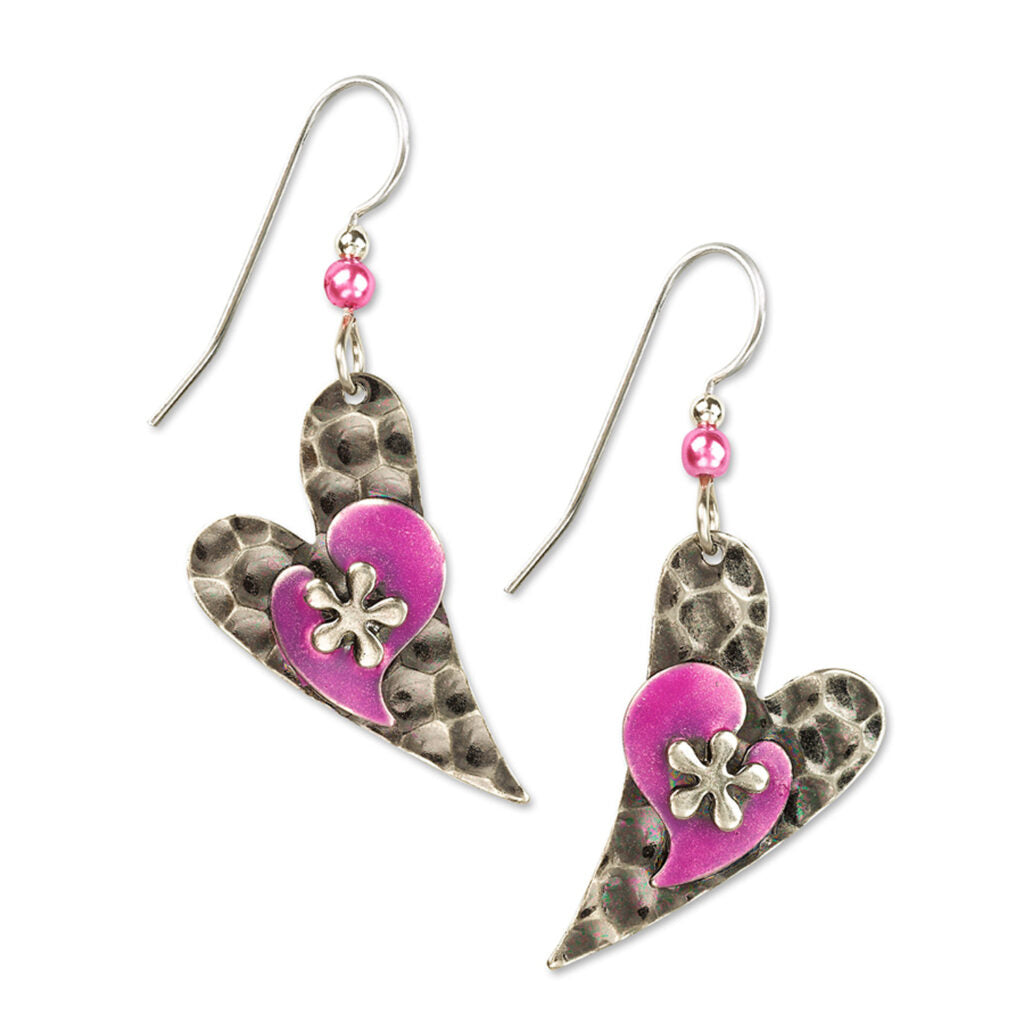 Silver Forest Silver Flower On Modern Heart Earrings