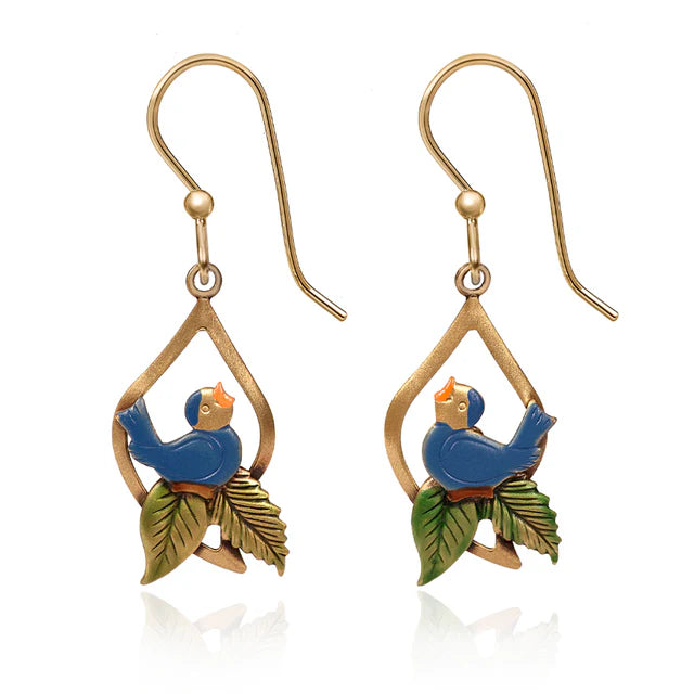 Silver Forest Earring Blue Bird on Leaves