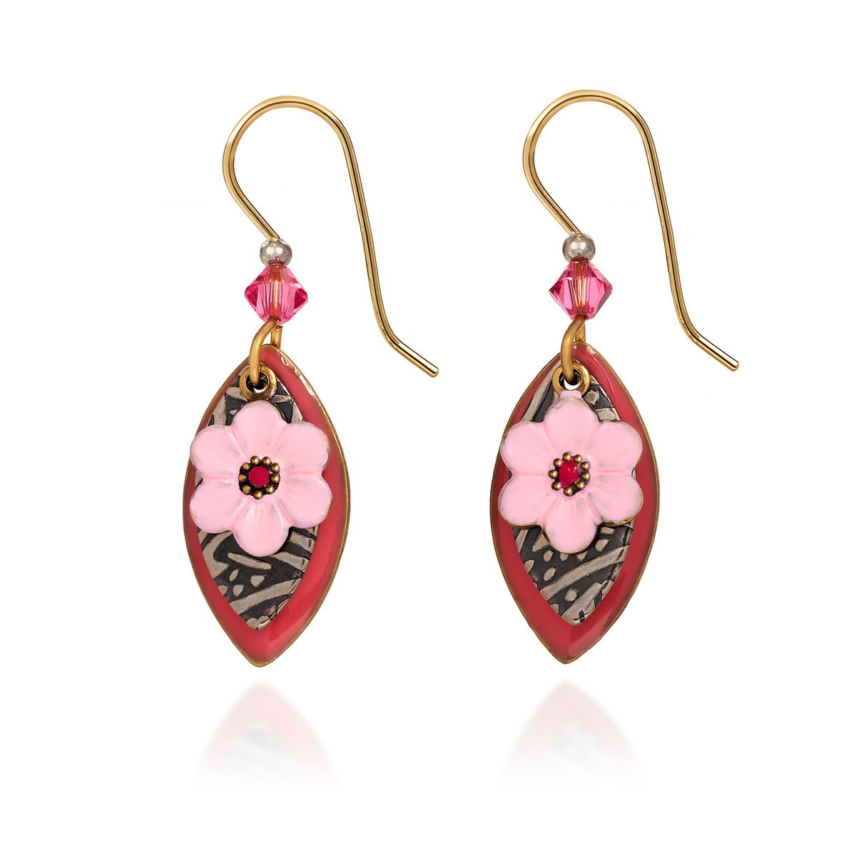 Silver Forest Earring Pink Flower Teardrop