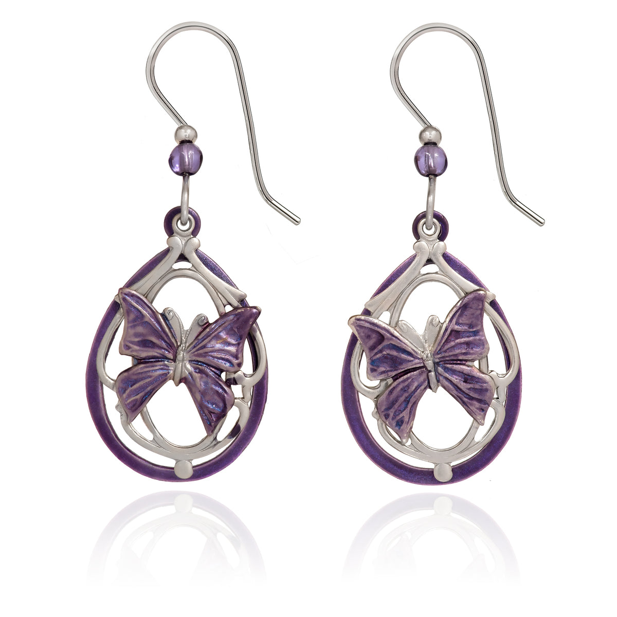 Silver Forest Earring Purple Dangle Butterfly
