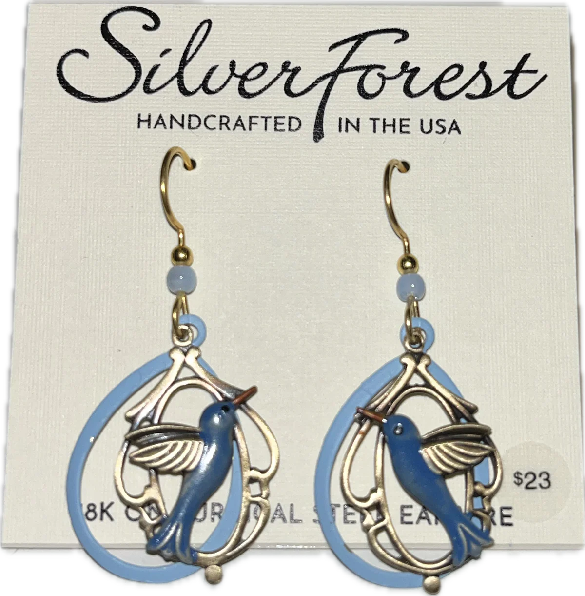 Silver Forest Blue Hummingbird Earring