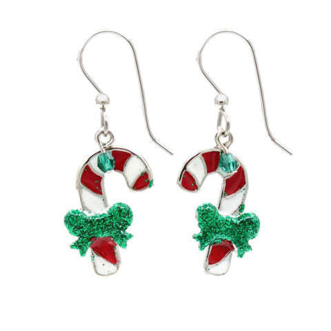 Silver Forest Candy Canes Bow Earrings