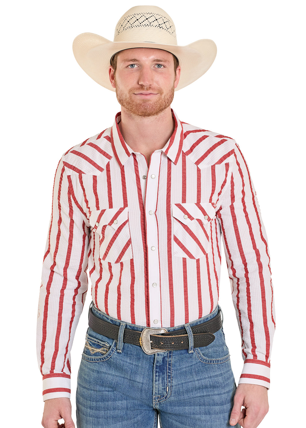 Rock & Roll Mens Long Sleeve 2 Pocket Snap Red Stripe