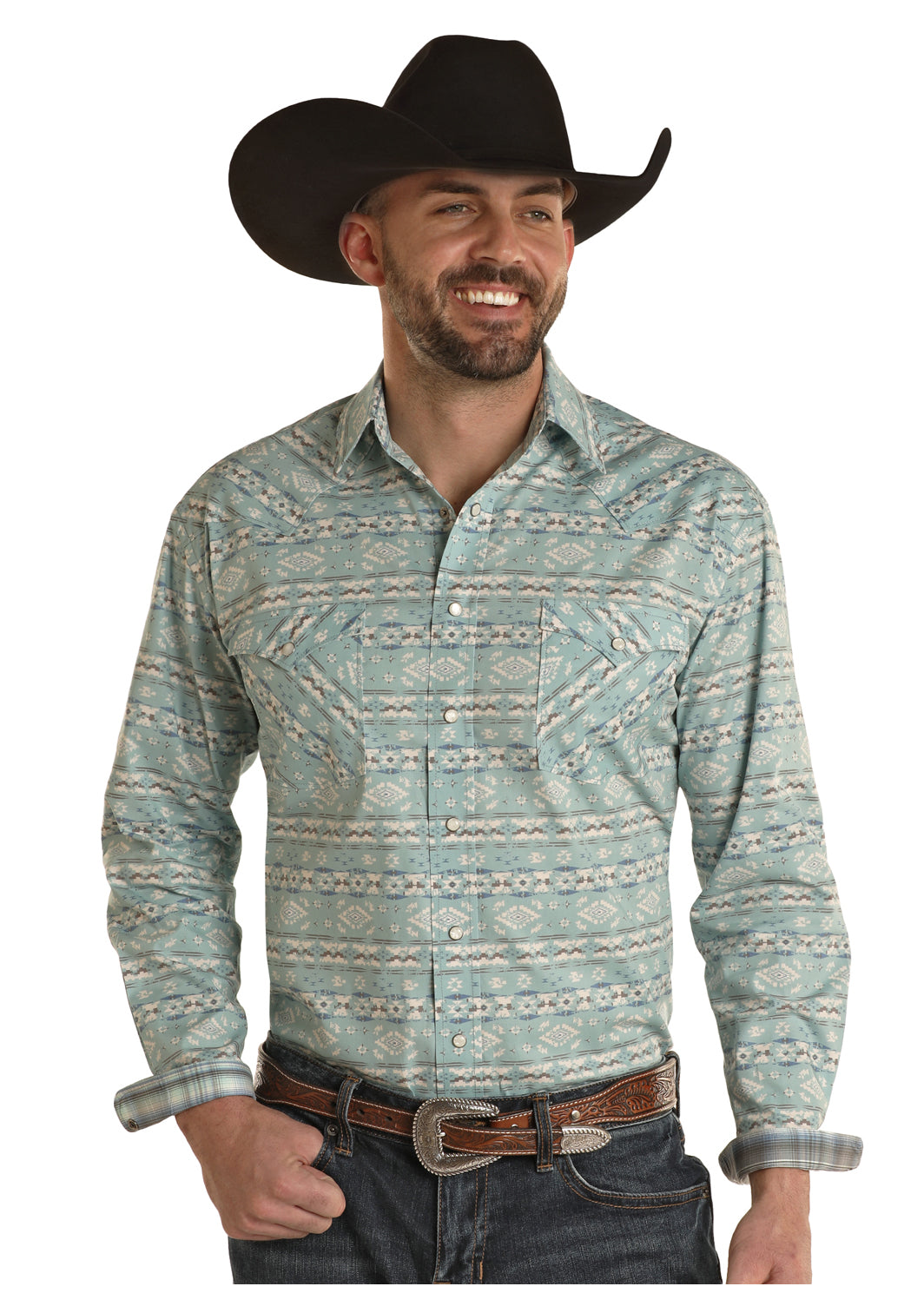 Rock & Roll Turquoise Print Long Sleeve Snap