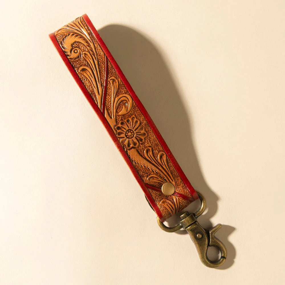 Myra Canyon Pass Handtooled Leather Key Fob In Terracot