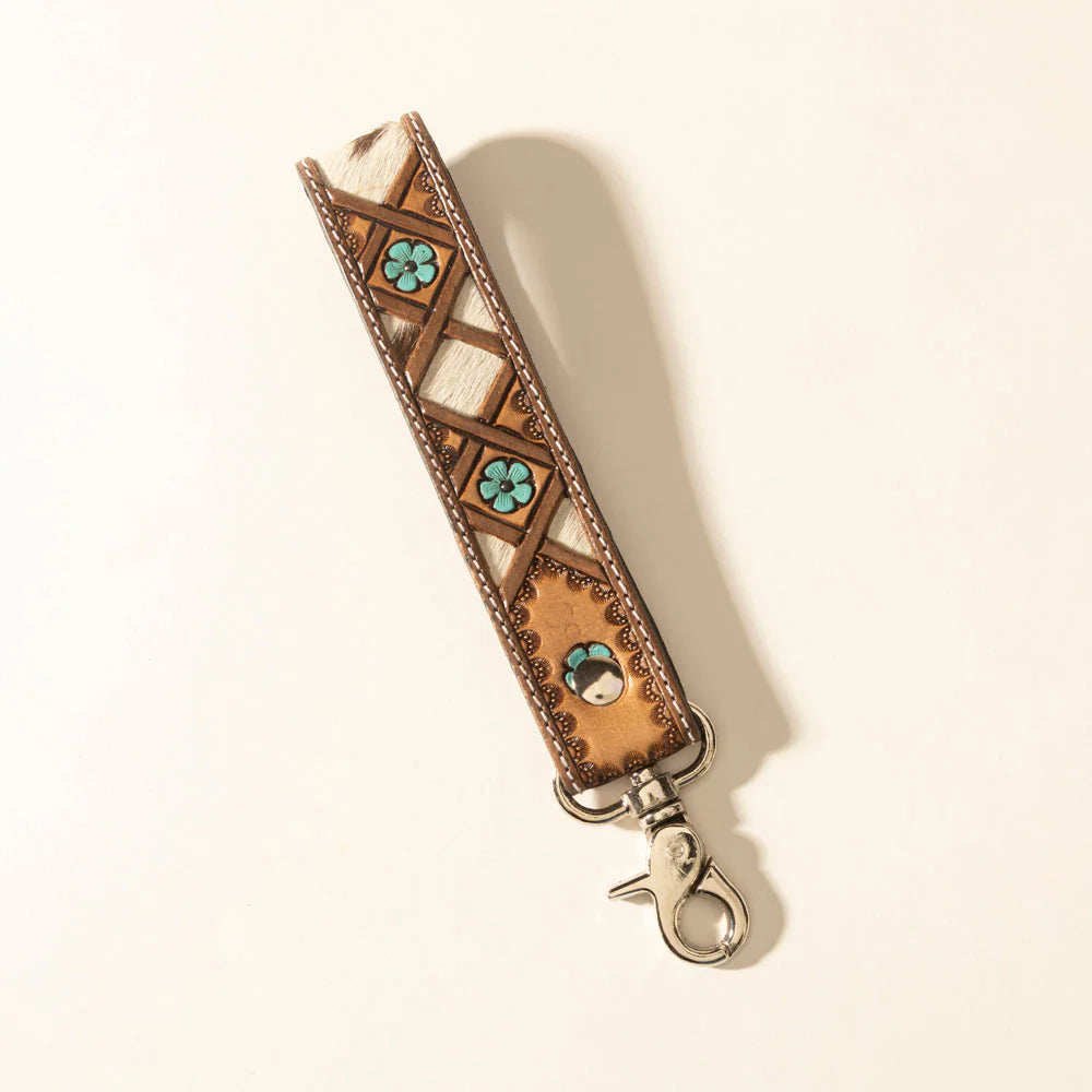 Myra Moonflower Handtooled Leather Keyfob In Sienna Sky